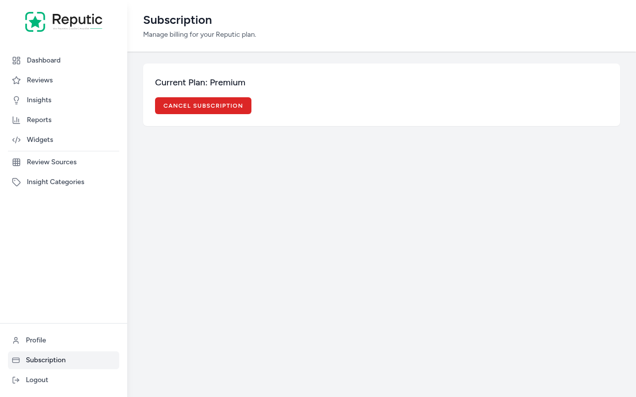 Subscription page showing current plan and cancel option