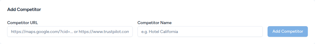 Add Competitor form with URL and name fields on the Benchmarking page