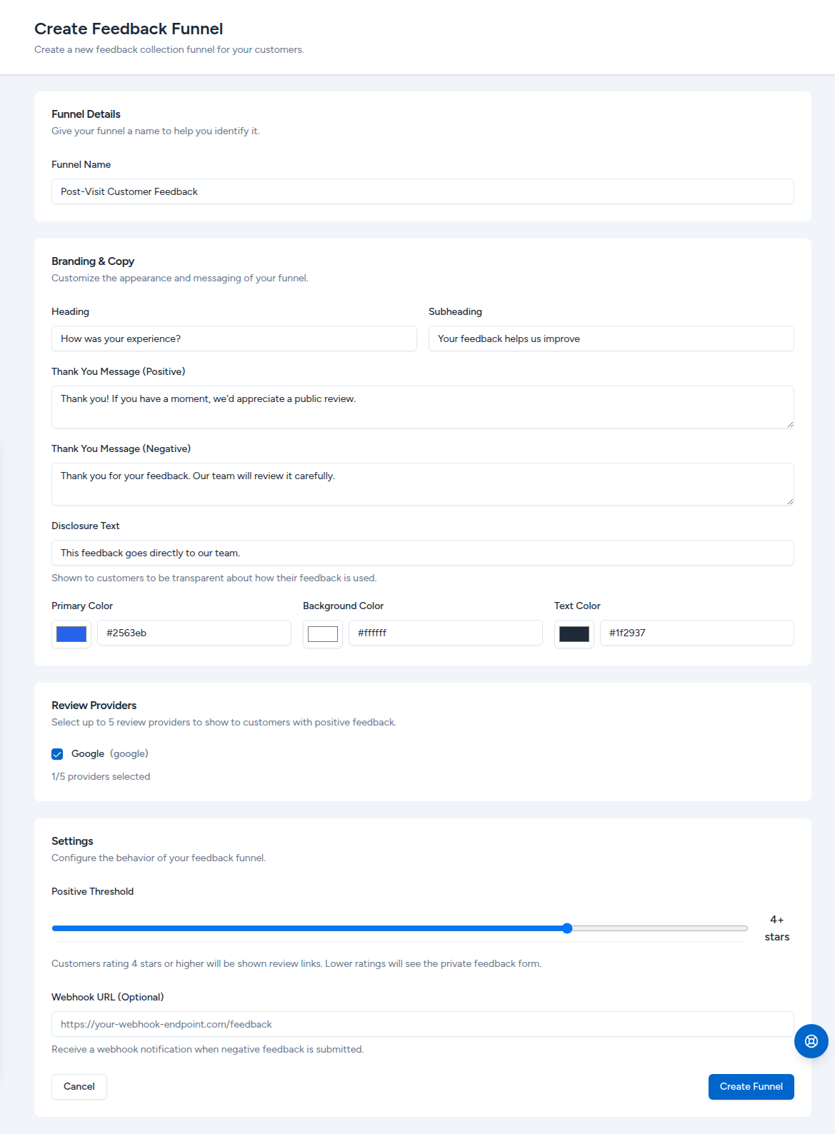 Create Feedback Funnel form with name, branding, review providers, and threshold settings