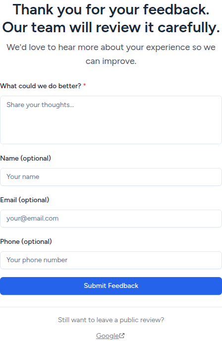 Negative path with a private feedback form and optional contact details