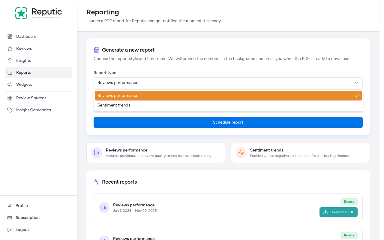 Report type dropdown showing Reviews performance and Sentiment trends options