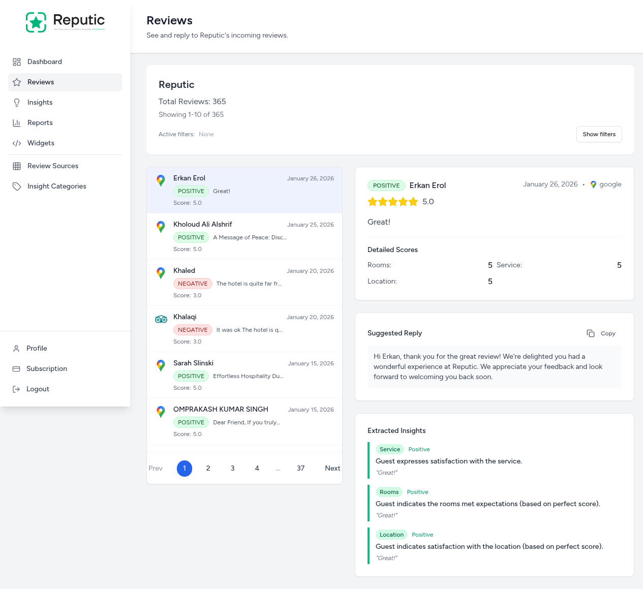 Reviews page overview showing the review list and detail panel