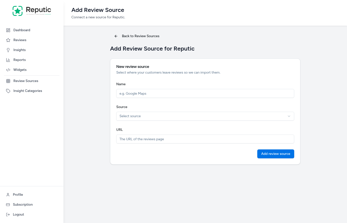 Add review source form showing name, source type, and URL fields