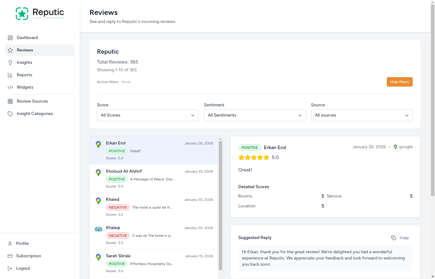 Reviews page filter options showing score, sentiment, and source filters