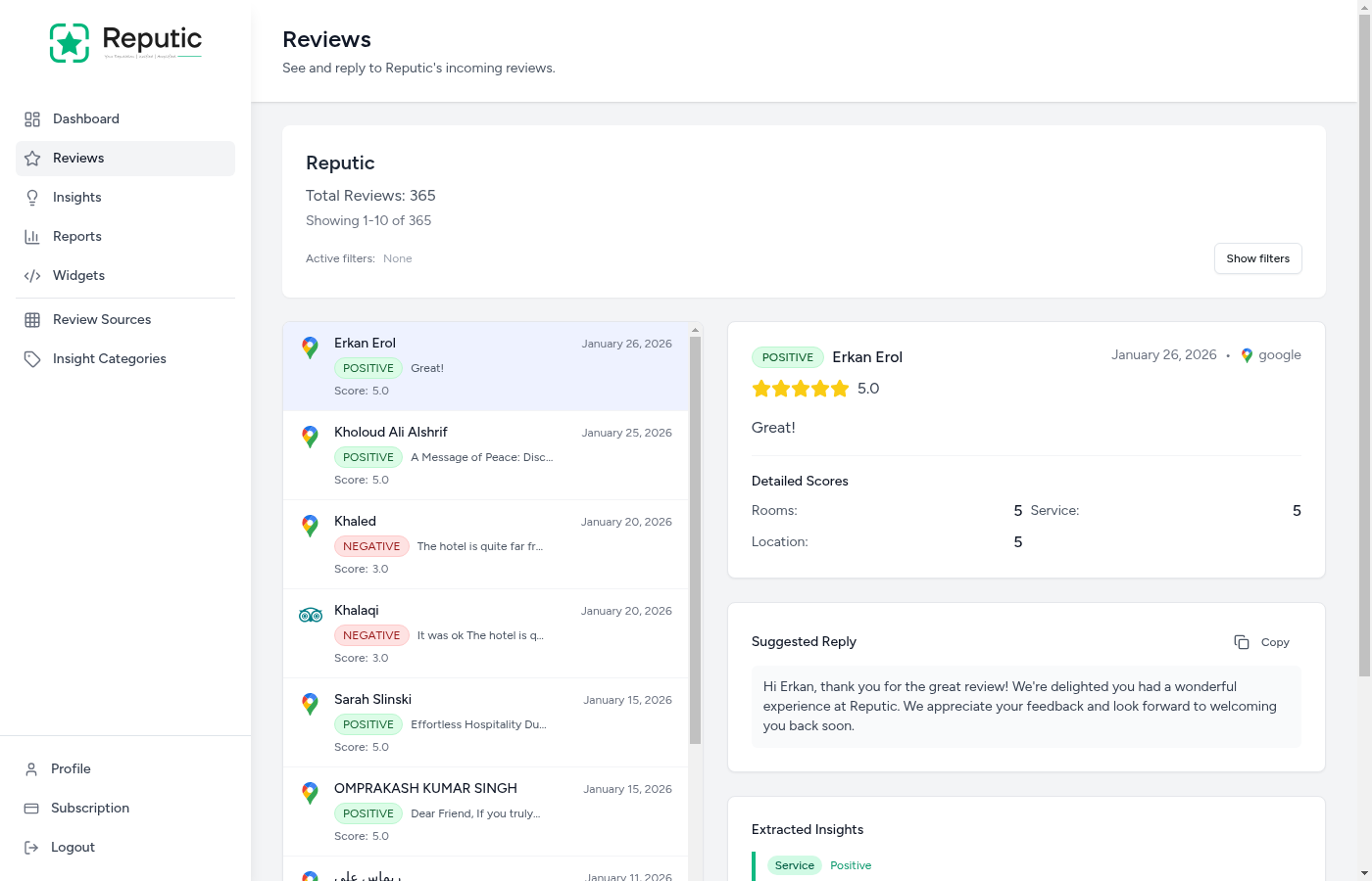 Reviews page showing two-panel layout with review list and detail view