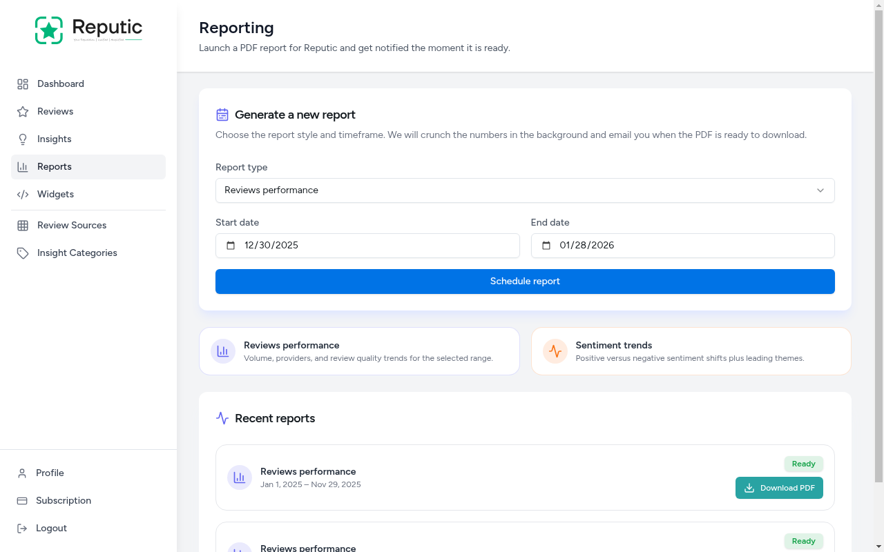Reports page showing the report generator, report types, and recent reports