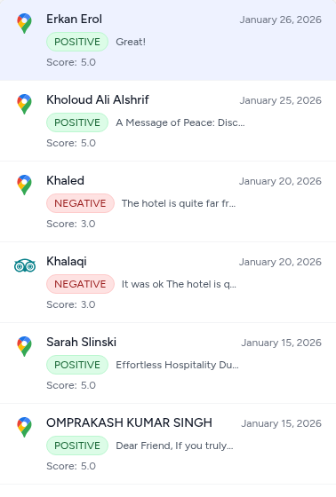 Review list showing reviews from multiple platforms