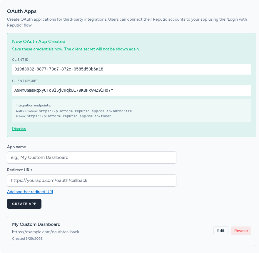 OAuth app creation form showing name and redirect URI fields