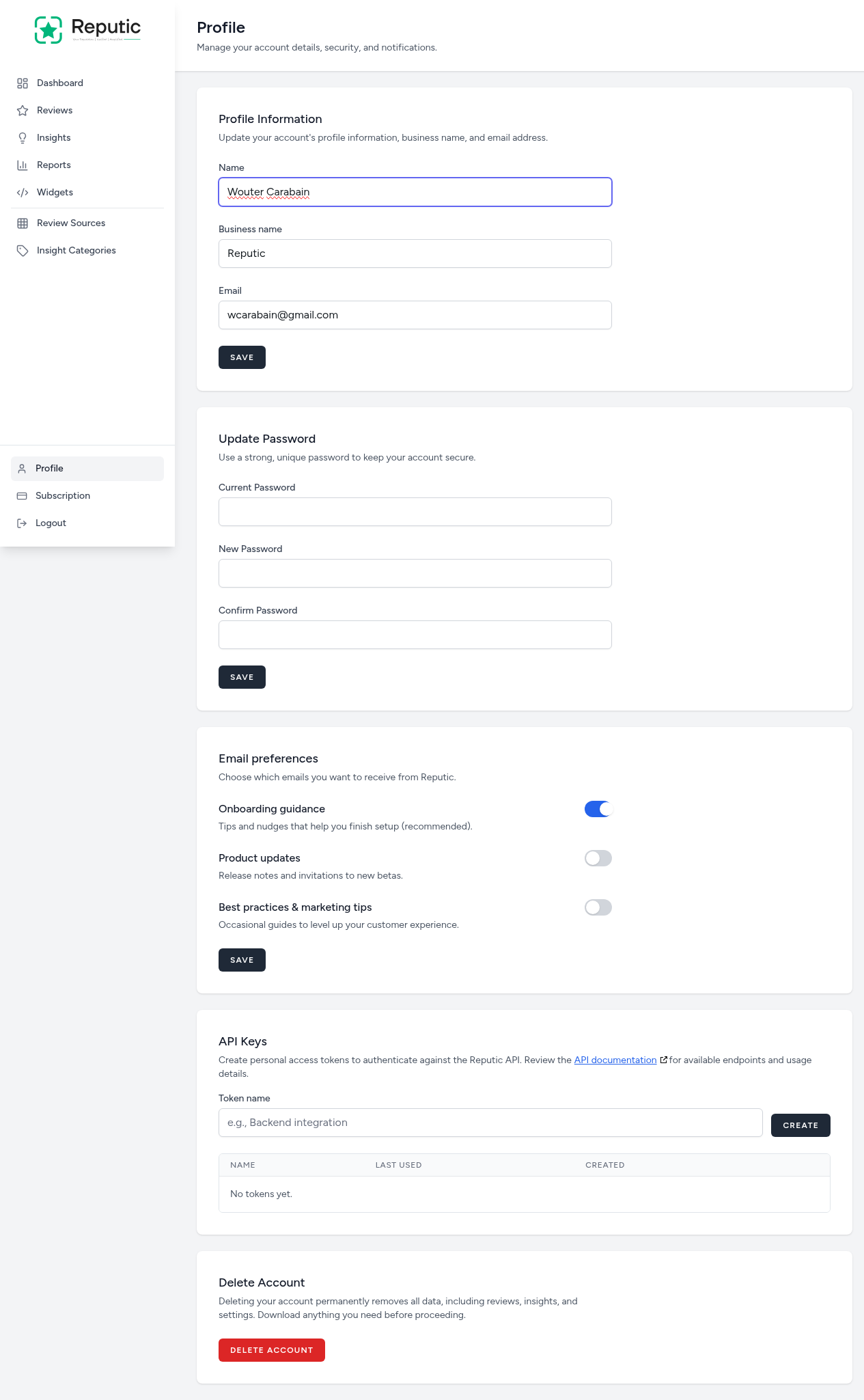 Profile page showing all account management sections