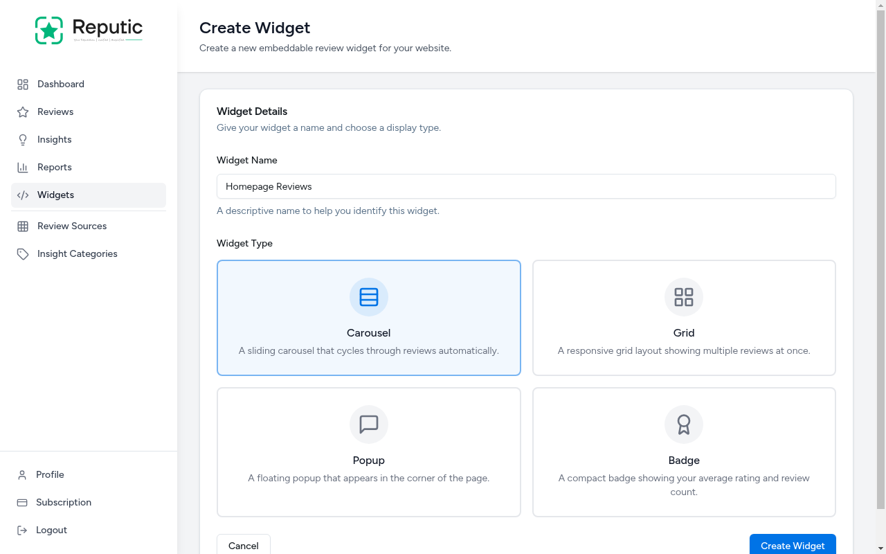 Create widget form with name filled in and Carousel type selected