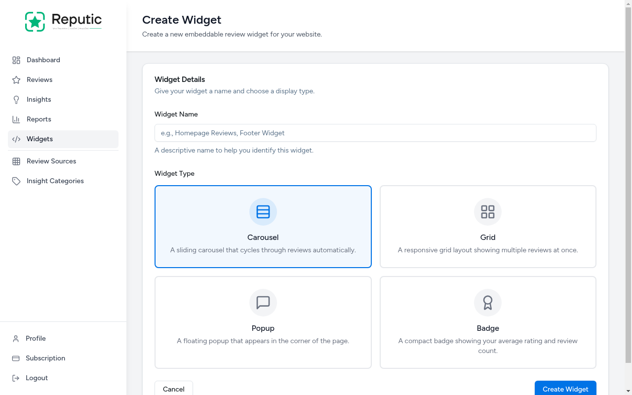 Create widget form showing the name field and four widget type options