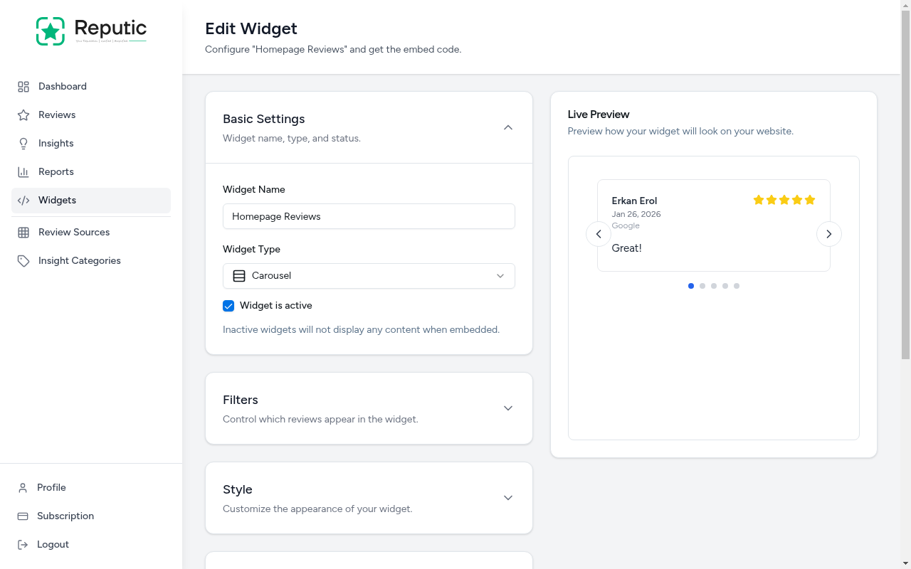 Edit widget page showing settings panels, embed code, and live preview