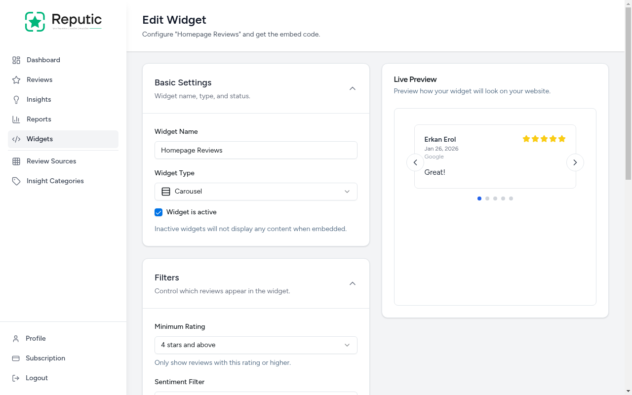 Filter settings showing minimum rating, sentiment, sources, and max reviews