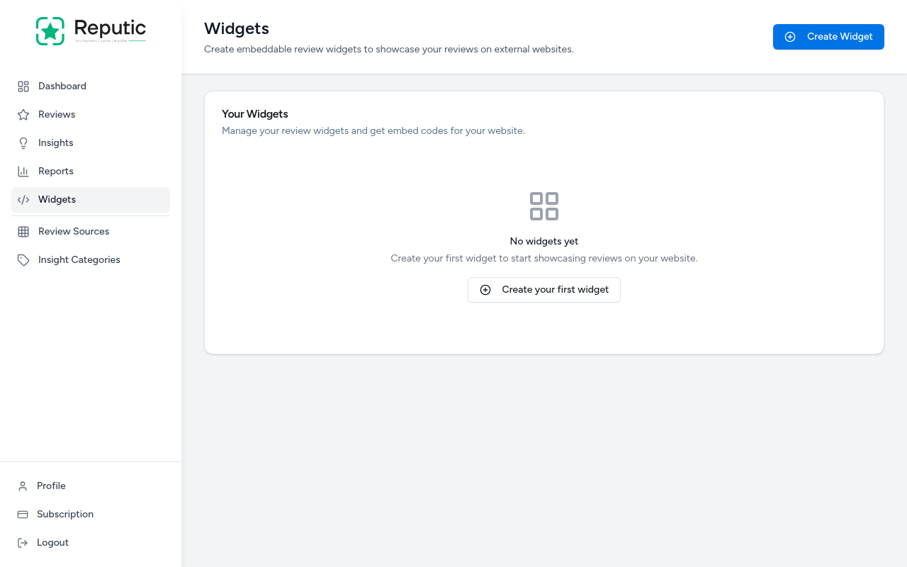 Widgets page showing the empty state with a Create Widget button