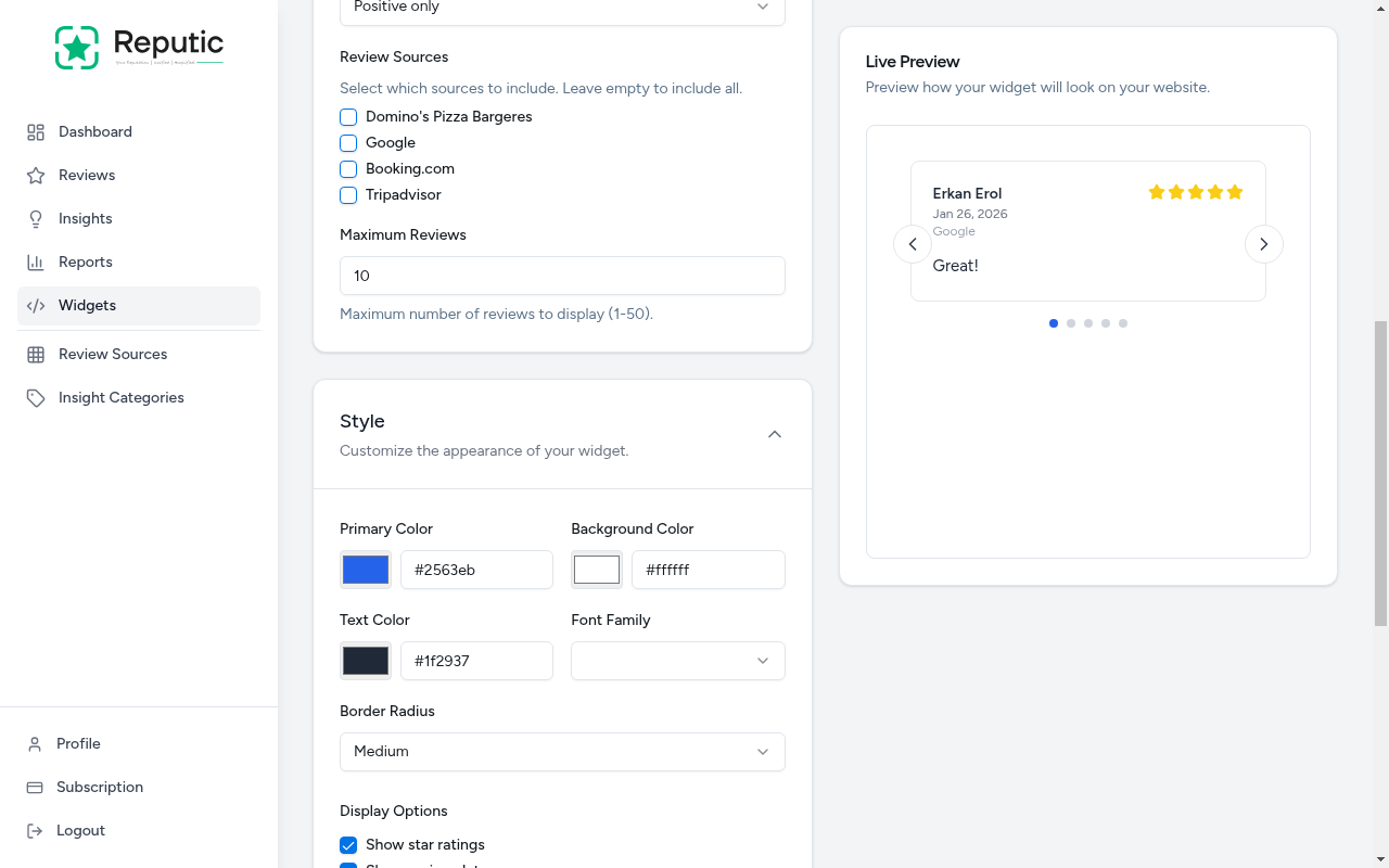 Style settings showing color pickers, font options, and display toggles