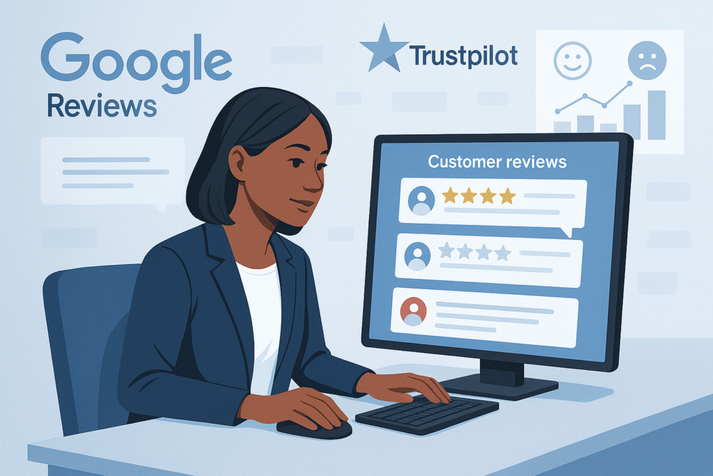 A calm business owner replying to customer reviews on a computer, with visible review platforms like Google and Trustpilot, and sentiment analysis charts on screen—representing professional online reputation management.