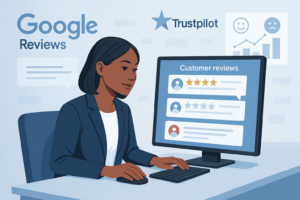 A calm business owner replying to customer reviews on a computer, with visible review platforms like Google and Trustpilot, and sentiment analysis charts on screen—representing professional online reputation management.