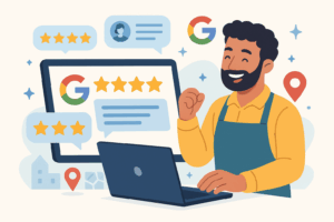Local business owner checking laptop with 5-star Google reviews and map pin symbolizing local SEO and customer trust.