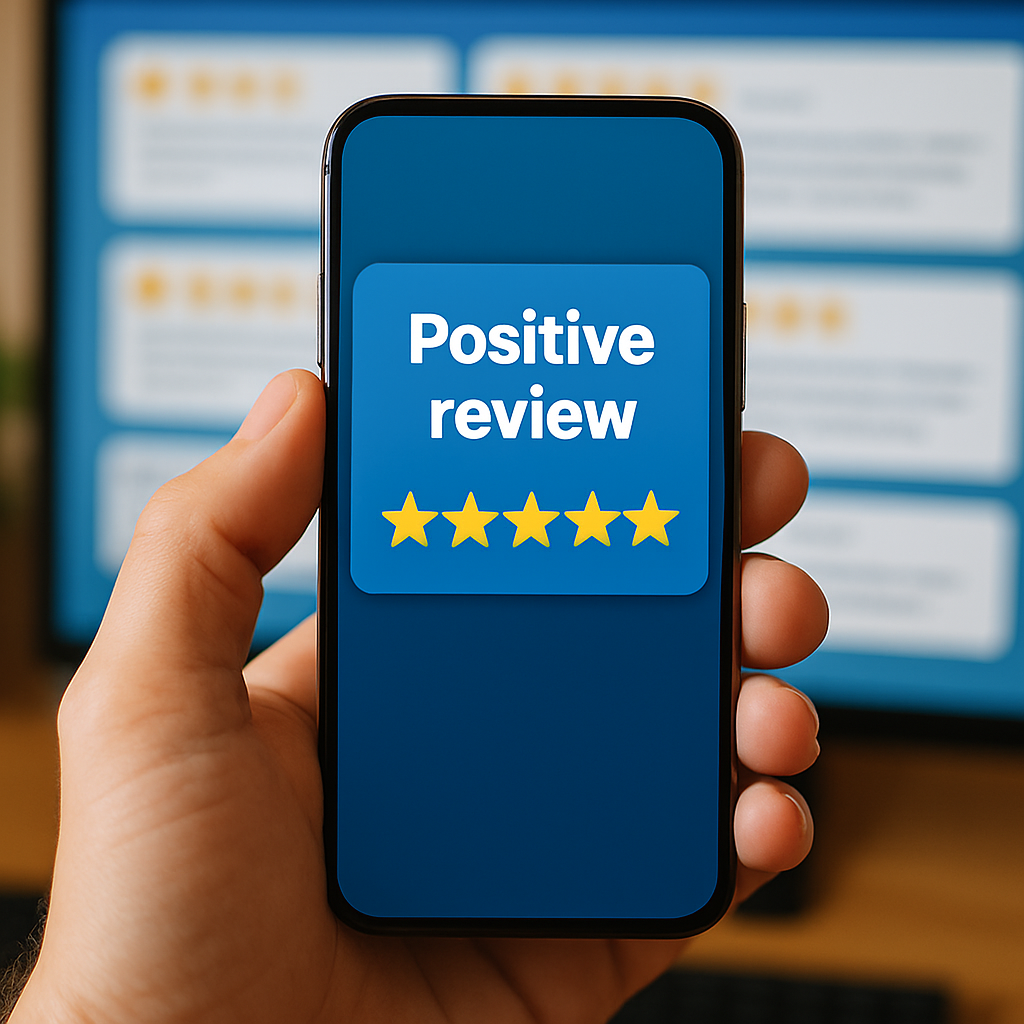 A close-up of a hand holding a smartphone with a positive review notification and five stars, illustrating how to get more customer reviews. In the blurred background, a computer monitor displays multiple review and star rating cards. Perfect visual for a post about request reviews email templates and boosting online feedback.